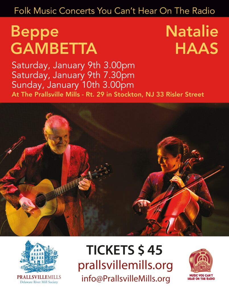 Original flyer for Beppe Gambetta and Natalie Haas, January 9 at 3pm and 7:30pm and January 10 at 3pm, $45 per show.