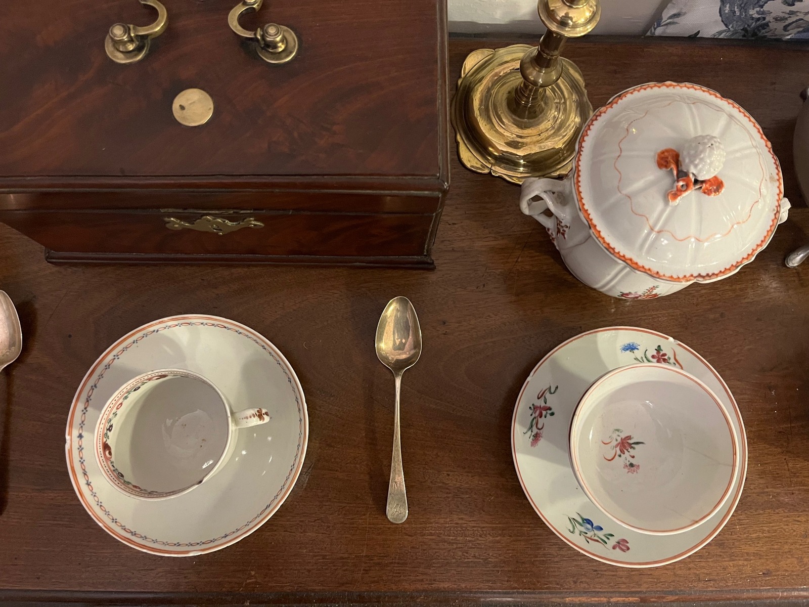 Overhead view of 18th-century tea service items from a private collection.